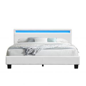 Angel - Solide et Confortable Lit 160x200 avec Sommier + Tête de Lit avec Eclairage led Couleur blanc + Pieds en 10 cm pour matelas en - 2 x 13