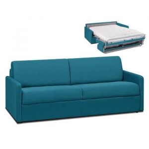 Canapé 4 places convertible express en tissu bleu turquoise - Couchage à lattes larges 160 cm - Matelas 18 cm CALIFE
