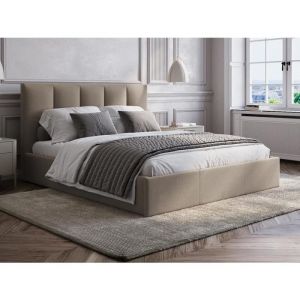 Vente-unique - Lit coffre 160 x 200 cm avec tête de lit coutures verticales - Tissu - Taupe - kilaclo