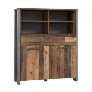 Commode 2 portes et 1 tiroir effet bois vieilli et béton gris - buck