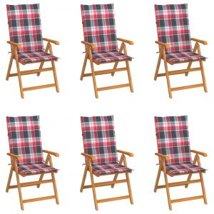 VidaXL Chaises de jardin 6 pcs avec coussins à carreaux rouge Teck