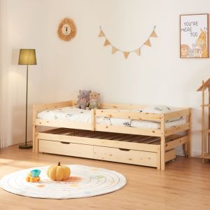 Lit gigogne pour enfant Sonkaj&auml;rvi avec 2 tiroirs bois de pin 90 x 200 cm naturel [en.casa] - bois de pin naturel