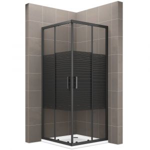 BOHA-LINE Cabine de douche d'angle H.190 80x80 cm verre s&eacute;rigraphi&eacute; ligne noire 6mm, portes coulissantes