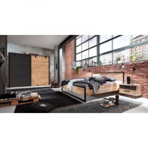 Pegane Ensemble chambre adulte complète Imitation chêne poutre rechampis raw steel - 160 x 200 cm -