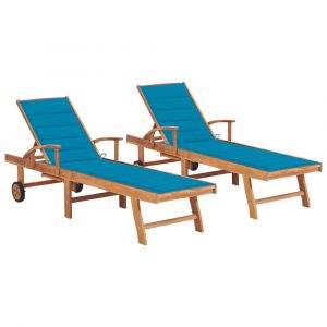 Lot de 2 transats chaise longue bain de soleil lit de jardin terrasse meuble d'extérieur avec coussin bleu bois de teck solide 02_0012027