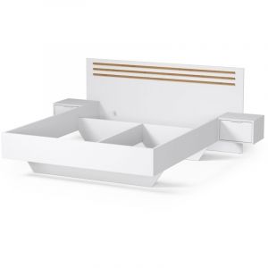 Lit florence – Blanc et chêne – 160x200 cm – Avec chevets intégrés – Sommier et tiroirs non inclus