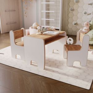 Table Timi pour enfant et deux chaises MDF coloris blanc / ch&ecirc;ne craft gold