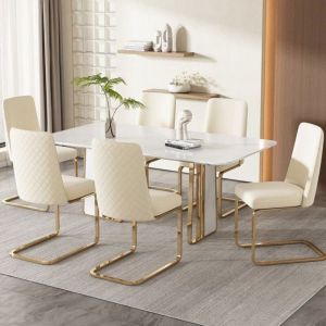 Chaises de salle &agrave; manger - PDZZZD- Lot de 2 - Velours beige - Dossier en losange - Pieds en m&eacute;tal