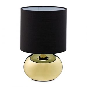 Relaxdays Lampe de chevet, luminaire rond, tactile, HxD: 27,5x18cm, E14, éclairage sur pied avec abat-jour, doré/noir