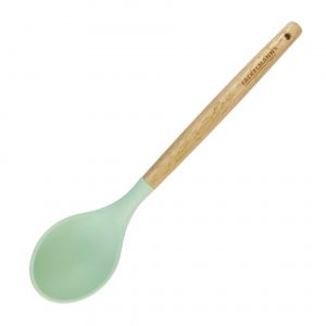Fackelmann Ocean Cuillère de service, louche en silicone avec noyau rigide en acier et manche en bois antidérapant, passe au lave-vaisselle, 31 x 7 cm, vert d'eau