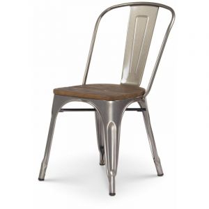 Image de Kosmi Chaise en métal brut avec assise en bois massif foncé - Aspect galvanisé