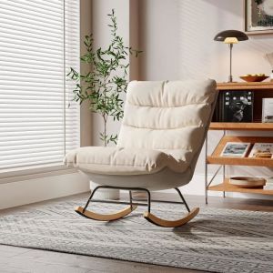 Fauteuil à bascule inclinable, rocking chir avec dossier réglable sur 12 niveaux, 72x83x93cm, tissu Lin+Leathaire, beige