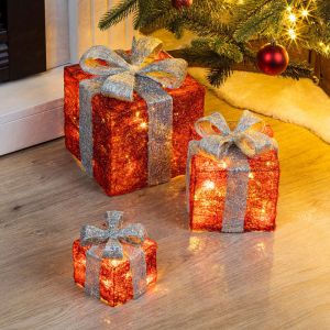 Coffrets cadeaux led avec minuterie lot de 3 - rouge / gris - Bo&icirc;tes d&eacute;coratives de No&euml;l &eacute;clair&eacute;es en blanc chaud