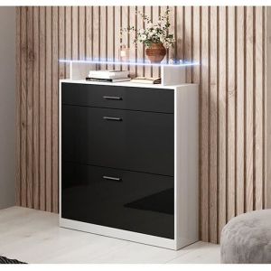 Design Ameublement - Meuble à Chaussures avec led Meuble d'entrée 105x89x24cm 2 portes 1 tiroir Modèle Paola Blanc brilant et Noir brillant