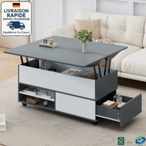 MODFU - Table basse relevable &agrave; roulettes avec rangement ouvert, 100&times;98&times;65cm, 1 porte 1 tiroir, gris + blanc