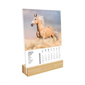 DRAEGER PARIS | Calendrier sur socle Chevaux 2023 |12 x 16,5 cm | Année 2023 | 7 langues | Calendrier décoration bureau mensuel| Socle en bambou | Papier certifié FSC | encres végétales