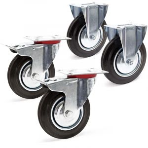 wiltec Kit Roulettes 200mm 150kg/roue 2x Pivotantes à double arrêt 2x Fixes Charge lourde Caoutchouc plein Transport Meuble