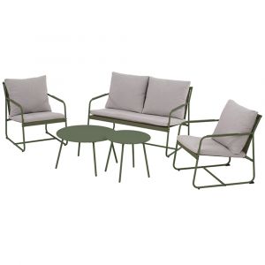 Pantone Salon de jardin 4 places en acier kaki et coussins gris clair