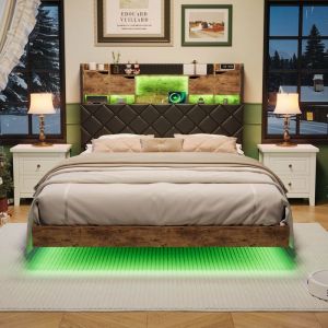 Cadre de Lit Flottant 160x200 Lit Double Queen Size avec LED RGB USB/Type-C Rangement Verrouillable Bois Capitonn&eacute;e R&eacute;tro-Moderne