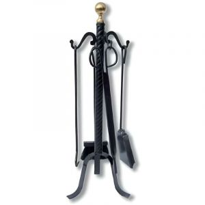 Visiodirect Serviteur/Garniture de cheminée ensembles d'outils pince à feu pelle brosse en fer forgé avec boule dorée coloris Noir - Hauteur 72cm