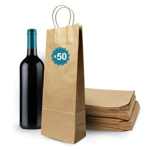 50 Sacs Bouteille Vin Kraft Avec Poign&eacute;e &ndash; Sac &Agrave; Vin Cadeau No&euml;l F&ecirc;tes, Pochette Vin, Emballage Bouteille Vin Champagne, Sac Papier Pour Magasins de Vin et Cadeaux De Vin