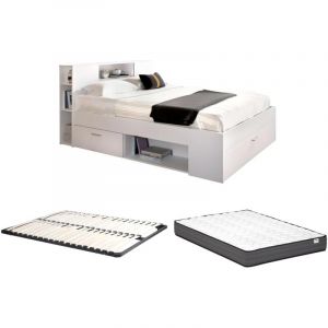 Lit avec tête de lit rangements et tiroirs - 140 x 190 cm - Coloris : Blanc + Sommier + Matelas - LEANDRE