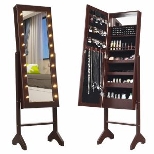 Coast Armoire à bijoux en miroir - 18 lampes LED - 35,5 x 30,5 x 145 cm - Marron