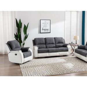 Canapé 3 places et fauteuil relax en microfibre et simili gris et blanc BRODY