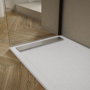 Stano Receveur de douche 90x180cm extra plat RIBERA en r&eacute;sine surface ardois&eacute;e blanc Grille inox