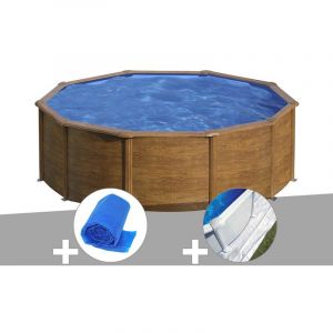 Gre Kit piscine acier aspect bois Sicilia ronde 4,80 x 1,22 m + B&acirc;che &agrave; bulles + Tapis de sol