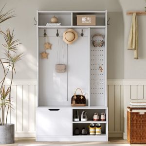 Vestiaire d'entr&eacute;e moderne 100x40x185.4cm - 6 crochets et 1 porte - 4 &eacute;tag&egrave;res ouvertes - Blanc