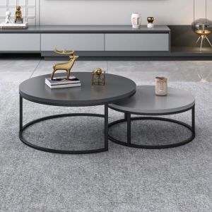 Oleylucklive - Table basse ronde gigogne 2 pièces, bois et métal,gris