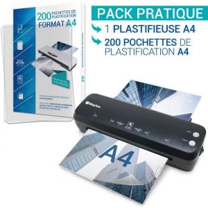 Waytex Plastifieuse A4 A5 A6 A7 Pro Rapide à Chaud et à Froid jusqu’à 2 x125 microns Pack avec 200 Pochettes A4