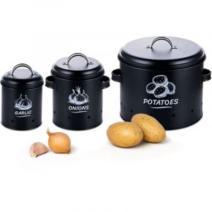 Relaxdays Boîte de rangement pour pommes de terre, oignons et ail, 3 pièces, avec couvercle et aération, métal, noir