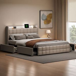 Lit 160x200, ORAB, USB, LED, lit double, cadre de lit adulte 160x200 cm, Tissu en lin, Beige