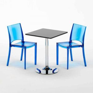 Grand Soleil Table carré et Ronde avec 2 chaises colorées pour intérieur bar café GHOST | B-Side Bleu transparent - Noir - Carré