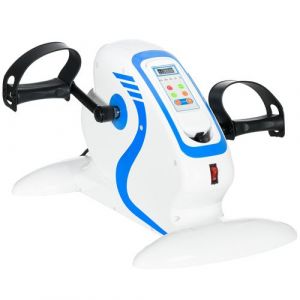 Mini vélo d'appartement minibike - moteur, télécommande, écran - usage jambes, bras - vitesse réglable - mode passif - blanc bleu