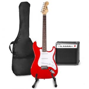 Max GigKit set de guitare électrique avec support de guitare - Rouge, idéal pour débuter la guitare