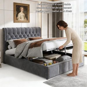 Oem Lit coffre 180x200 cm - Lit double - Velours gris - Style minimaliste - 2 places
