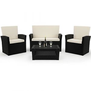 Deuba 10 pcs. Salon de Jardin avec Table en Verre de s&eacute;curit&eacute; et Coussins de 7 cm