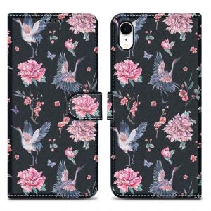 Coque pour Apple iPhone XR Design Grue & Fleurs No. 9 Housse de protection &Eacute;tui avec fermeture magn&eacute;tique, fonction de support et compartiment pour carte