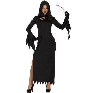 FIESTAS GUIRCA Costume d'assassin au couteau - Robe noire avec capuche Déguisement d'Halloween Femme Taille 42-44 L