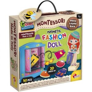 Lisciani Giochi MONTESSORI Fashion Doll - pour Enfants dès 4 ans - Habillez vos poupées en Bois avec 26 Vêtements Magnétiques au Choix - Armoire 3D & Support - Jeu Montessori - Fabriqué en Italie