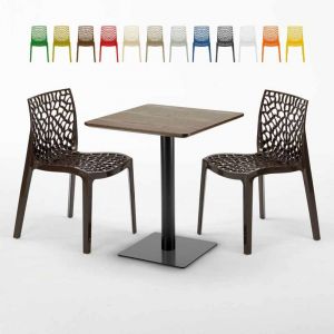 Image de Grand Soleil Table carrée 60x60 pied noir et surface bois avec 2 chaises colorées Gruvyer Kiss, Couleur: Marron