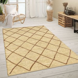 Paco Home - Tapis De Salon Jute Fibres Naturelles Artisanal Motif 3D Scandinave Moderne 60x100 cm, Cr&egrave;me