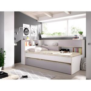 Lit gigogne avec rangements - 90 x 200 et 90 x 190 cm - Blanc et gris + Sommier - LOSIANA