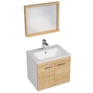 Meuble 1 Vasque Encastr&eacute;e 60 Cm + Miroir Cadre 2 Portes Ch&ecirc;ne Clair Salle De Bain - Rubite