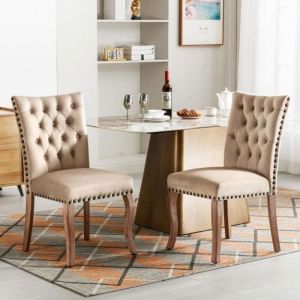 Chaise salle a manger - Heurtoir unique au dos - 2 pi&egrave;ces - Pieds en bois massif - Rev&ecirc;tement en velours - Beige