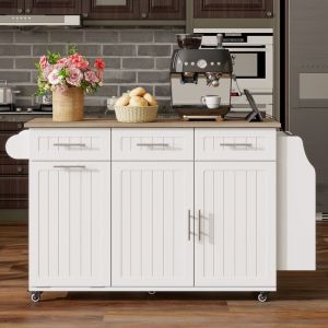 Buffet Cuisine,&Icirc;lot de Cuisine Extensible,Roulettes 360&deg; Avec 3 Tiroirs et Multiprise & USB,Blanc
