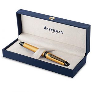 Image de Waterman Edition Spécial Expert Stylo plume, Laque Dorée Métallisée, attributs Ruthénium, plume fine, cartouche encre bleue, Coffret